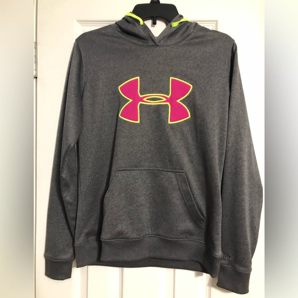 Under Armour storm hooded semi fitted sweatshirt size small grey pink neon